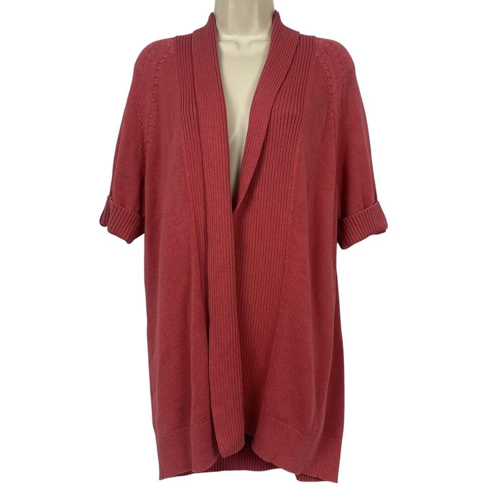 Talbots Sweater Womens Large Rose Pink Open Front Short Sleeve Chunky Cardigan